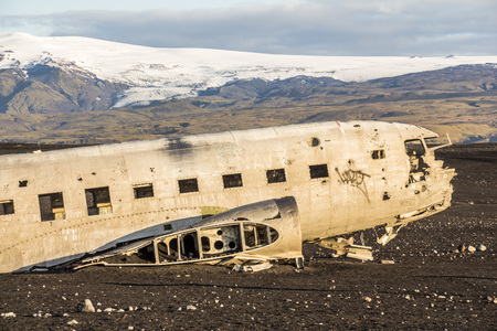Plane wreck DC-3 and glacier background, Iceland