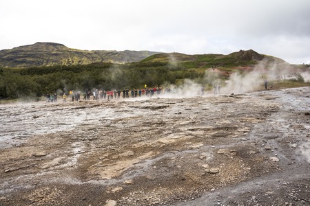 People waiting for Geysir Strokkur to erupt, Icelandの写真素材