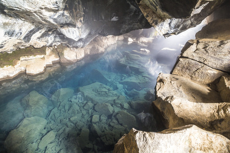 Grotagja cave, hot water in myvatn Icelandの写真素材