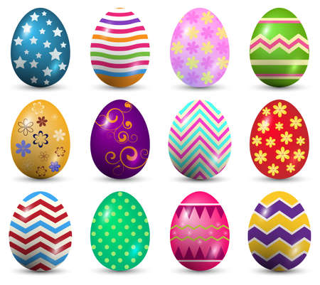 Set of multicolor Easter eggs with different texture on a white background. Spring holidayのイラスト素材