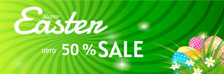 Happy easter sale banner with eggs, flower, grass on green sunburst. 50% saleのイラスト素材