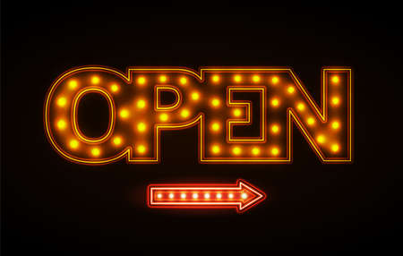 Retro light bulb signboard open with arrow. Light bulbs vintage neon glow frame vector.のイラスト素材