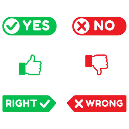 Check marks, tick and cross signs, green checkmark OK and red X icons, button for vote, decision, symbols YES and NO. Thumbs up and down icons, right wrong in green and red colorのイラスト素材