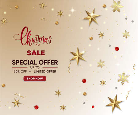 Merry Christmas Gold Red Holiday Business Promotion Sale Typography Background With Glitters Confetti And Balls Stars Snowflakeのイラスト素材