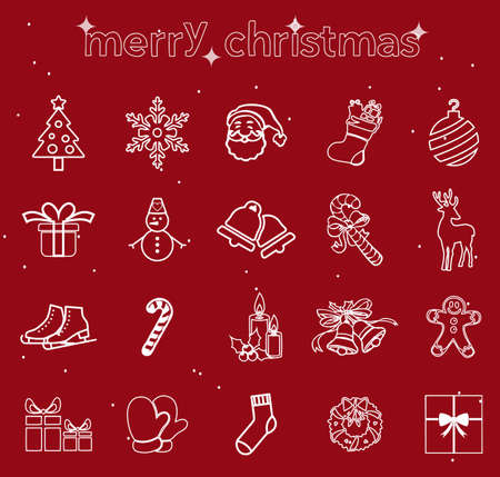 Merry Christmas White Line Icons Setのイラスト素材