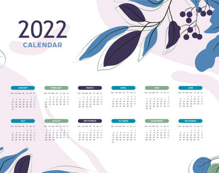 Calendar Template Of 2022 In Hand Drawn Leaves And Cherriesのイラスト素材