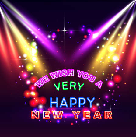Neon Happy New Year With Party Lights And Glows Sparklesのイラスト素材