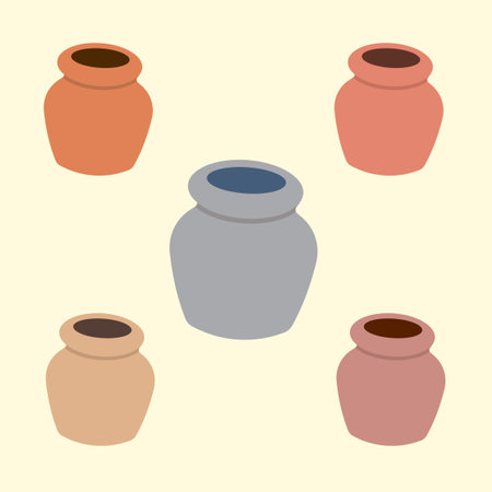 Clay Pots Vector Illustration. Set Of 5 Multicolored Potsのイラスト素材