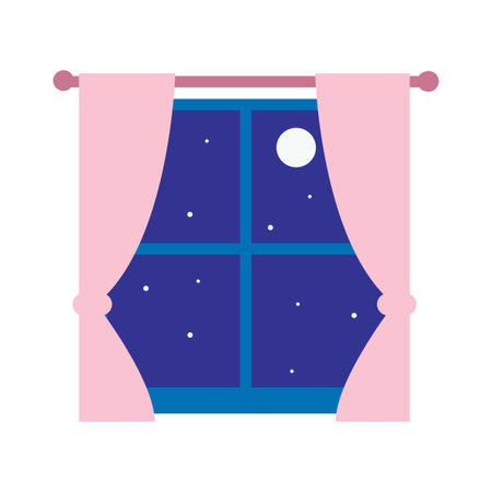 View Of Night Sky With Full Moon And Stars Through Window Vector Illustrationのイラスト素材