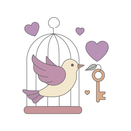 Bird Flying Out of Cage with Key to Freedom and Purple Heartsのイラスト素材