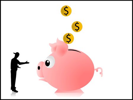 man and piggy bank on isolated backgroundの写真素材