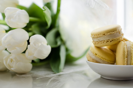 Macaron and tulipsの写真素材