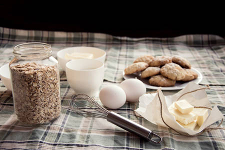 Ingredients for making oatmeal cookiesの写真素材