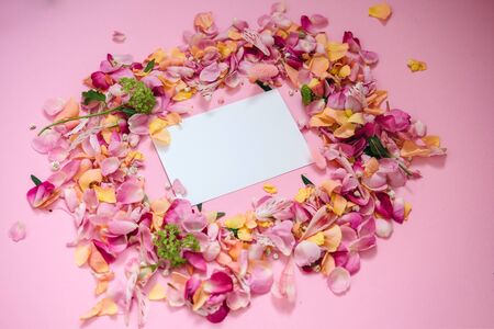 Valentines day or wedding mock up scene with blank card. Floral border of fresh flower petals
