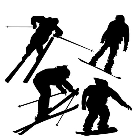 4 silhouettes of skiers and snowboarders in action.のイラスト素材