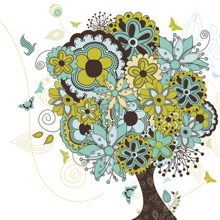 A creative illustration of a tree filled with life and flowers.のイラスト素材