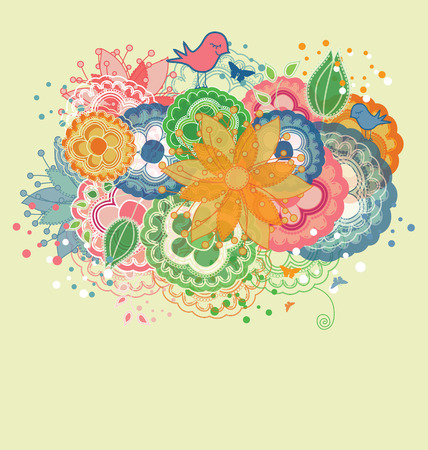 Cartoon Birds and Rainbow Colored Flowers のイラスト素材