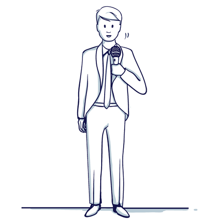 Young business man stands with a microphone. He sings or speaks. Hand drawn doodle cartoon vector illustration.のイラスト素材
