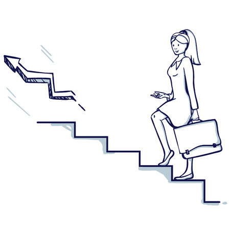 Young business woman going up the stairs. In her hand is a suitcase. It symbolizes career growth, promotion, successful business. Hand drawn doodle cartoon vector illustration.のイラスト素材