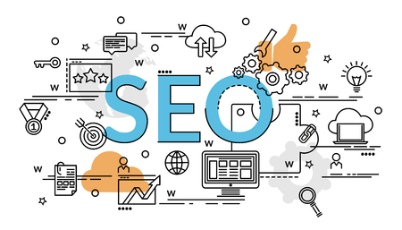 Flat colorful design concept of SEO. Infographic idea of ??making creative products. Template for website banner, flyer and poster.のイラスト素材