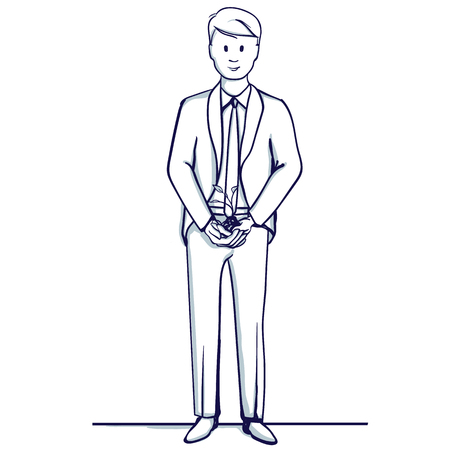Young business man stands. He holds a sprout in his hands. Symbolizes successful business, growth trend. Hand drawn doodle cartoon vector illustration.
のイラスト素材