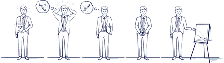 Set of business man cartoon illustration. Stands scenes: near the stand, shows on the chart, holds a sprout in his hands, received a reward or a certificate.のイラスト素材