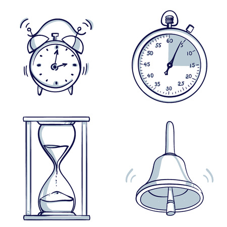Set of desktop Alarm clock, stopwatch, hourglass, bell. Isolated object. Hand drawn doodle cartoon vector illustration.のイラスト素材
