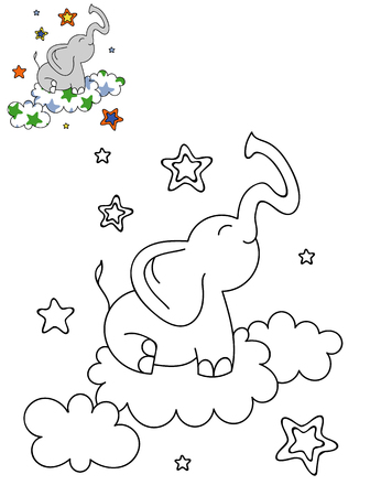 Coloring page outline of cartoon cute elephant on a cloud. Hand drawn vector illustration. Coloring book for kids. Isolated.のイラスト素材