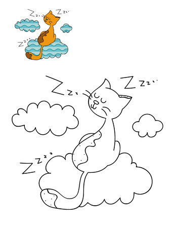 Coloring page outline of cartoon cute cat on a cloud. Hand drawn vector illustration. Coloring book for kids. Isolated.のイラスト素材