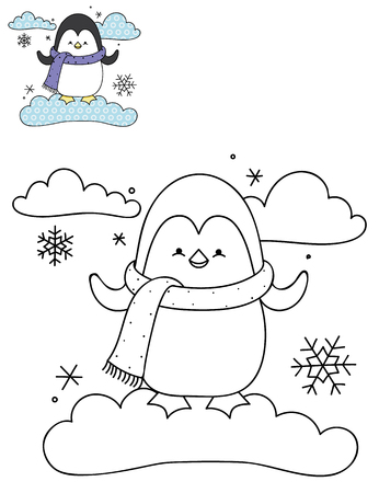 Coloring page outline of cartoon cute penguin on a cloud. Hand drawn vector illustration. Coloring book for kids. Isolated.のイラスト素材