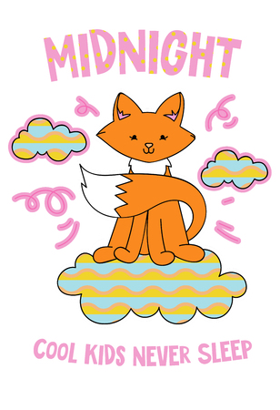 Cute fox on a cloud cartoon hand drawn vector illustration. Can be used for t-shirt print, kids wear fashion design, childrens pyjamas, baby shower, invitation card, poster. Cool kids never sleep.のイラスト素材