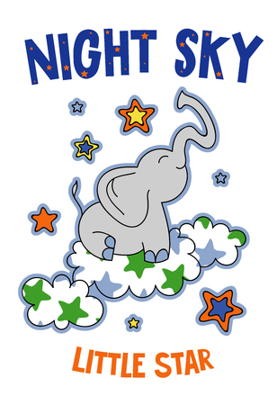 Cute elephant on a cloud cartoon hand drawn vector illustration. Can be used for t-shirt print, kids wear fashion design, childrens pyjamas, baby shower, invitation card, poster. Little star.のイラスト素材