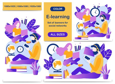 Set of banners for social networks. Template for creative flyer or post on the topic E-learning.
All sizes of posts for a social media: square, rectangle, story. Vector illustration. のイラスト素材