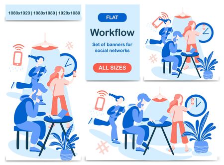 Set of banners for social networks. Template for creative flyer or post on the topic Workflow. All sizes of posts for a social media: square, rectangle, story. Vector illustration.のイラスト素材