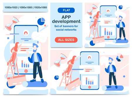 Set of banners for social networks. Template for creative  post on the topic App Development. All sizes of posts for a social media: square, rectangle, story.のイラスト素材