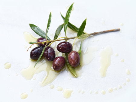 Ripe black olives, fresh branch with green leaves was dipped in olive oil, isolated on white background with shadows. Abstract pattern of oil drops. healthy foodの写真素材
