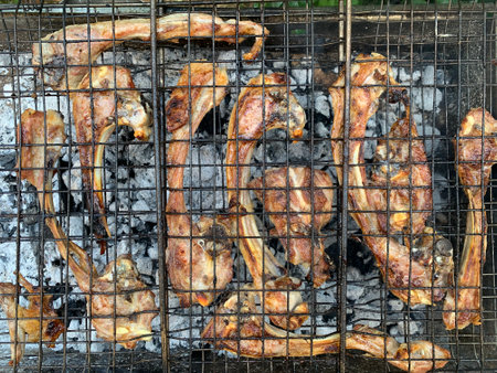 Cooking meat on open wood fired grill closeup. Freshly marinated lamb chops, process of grilling pieces over hot charcoal. Tasty kebab. Shashlik, picnic food for outdoors.の写真素材