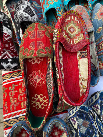 Vintage home shoe stores with Armenian patterns. Souvenirs in Armenia. Travel to Armenia.の写真素材