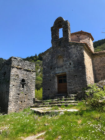 Monastery of Samouil. A typical fortified monastery in Mani, on the west slopes of mount Taygetos....