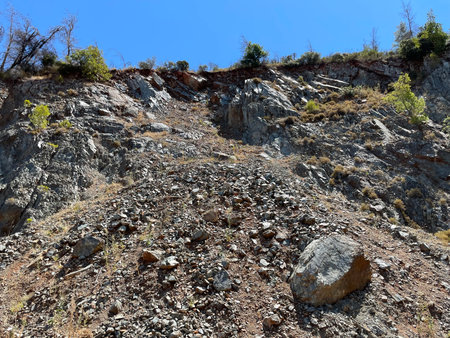 Falling rocks from the mountain. Rockfall. Mountains in Greece.の写真素材