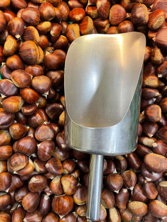 Top view of fresh edible sweet chestnuts as background, closeupの写真素材