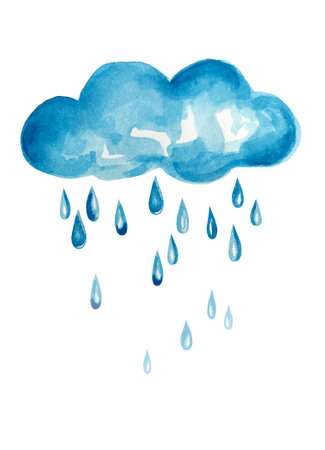 Watercolor rainy cloud. Hand drawing of clouds and droplets. Children's backgroundの写真素材