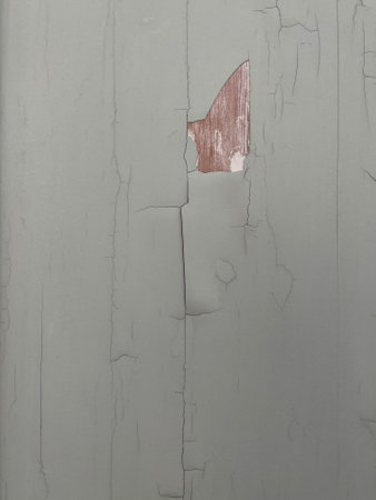 Old weathered antique board as a vintage background. Old, gray color of cracked, peeling paint, revealing brown wood underneath.の写真素材