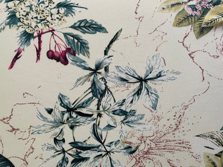 Fabric with delicate floral pattern, leaves. Old fashioned cotton or linen textile in retro style with a print of scattered colorful flowers with leaves. Bright floral background.の写真素材