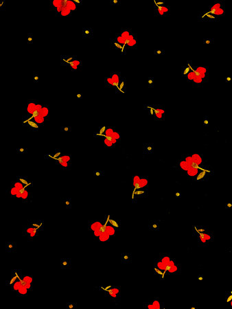 Seamless floral pattern with bright red flowers and golden leaves on a black background. Elegant,...