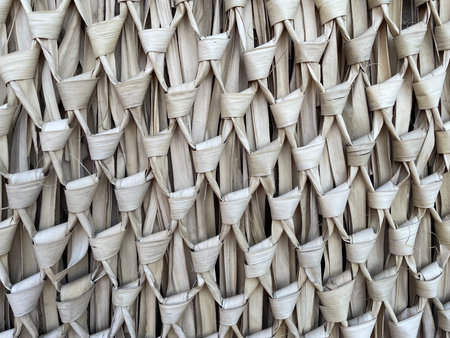 Close-up of woven palm leaves in a rustic handmade pattern. Natural beige fibers create a unique organic texture, perfect for eco design, crafts, traditional decor, and sustainableの写真素材