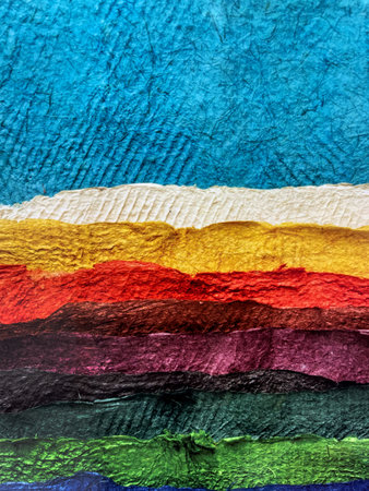 Colorful layered paper texture in vivid shades of blue, yellow, red, purple, green, and brown. Abstract handmade background with torn edges and rough surface, creative craft artの写真素材