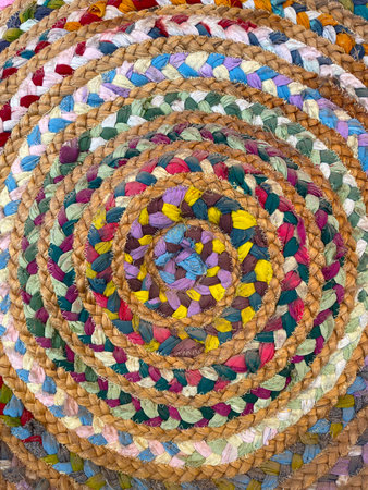 Colorful braided rug made of woven fabric strips and natural fibers arranged in concentric circles. Bohemian handmade textile background, eco-friendly decor and traditional craftの写真素材