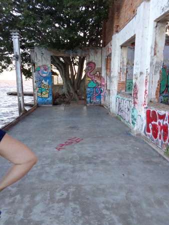 Abandoned building with graffiti on the wall and a girl's handの写真素材