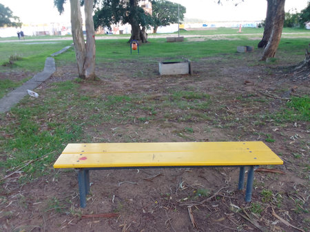 Yellow bench in the park. Park bench in the park. Park benchの写真素材